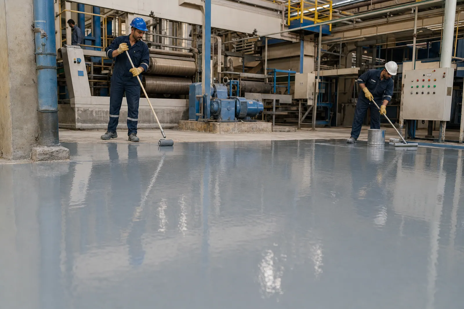 Workers applying epoxy coating to a factory floor.
