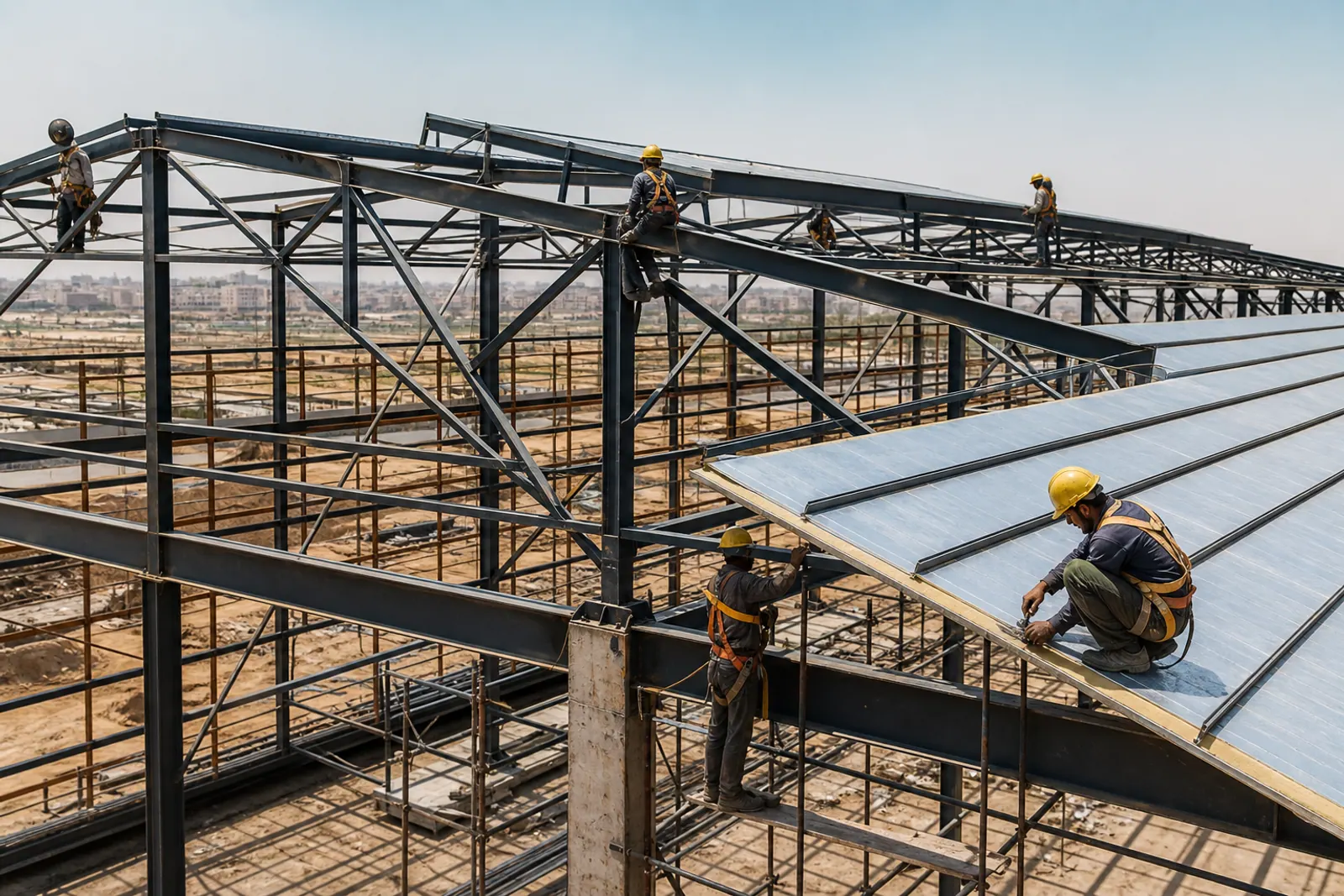 Steel roof trusses being assembled at a warehouse.