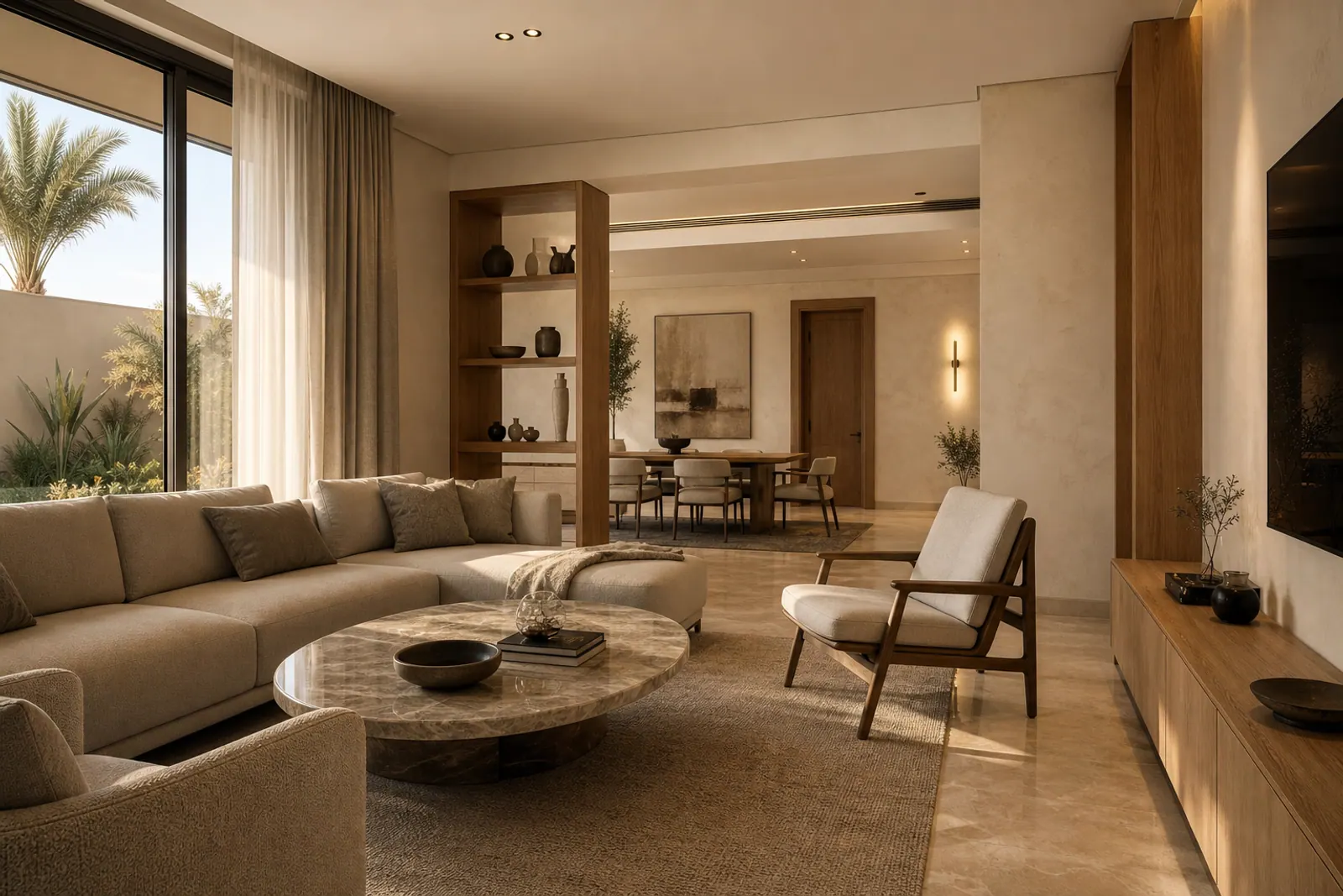 Completed contemporary villa living space.