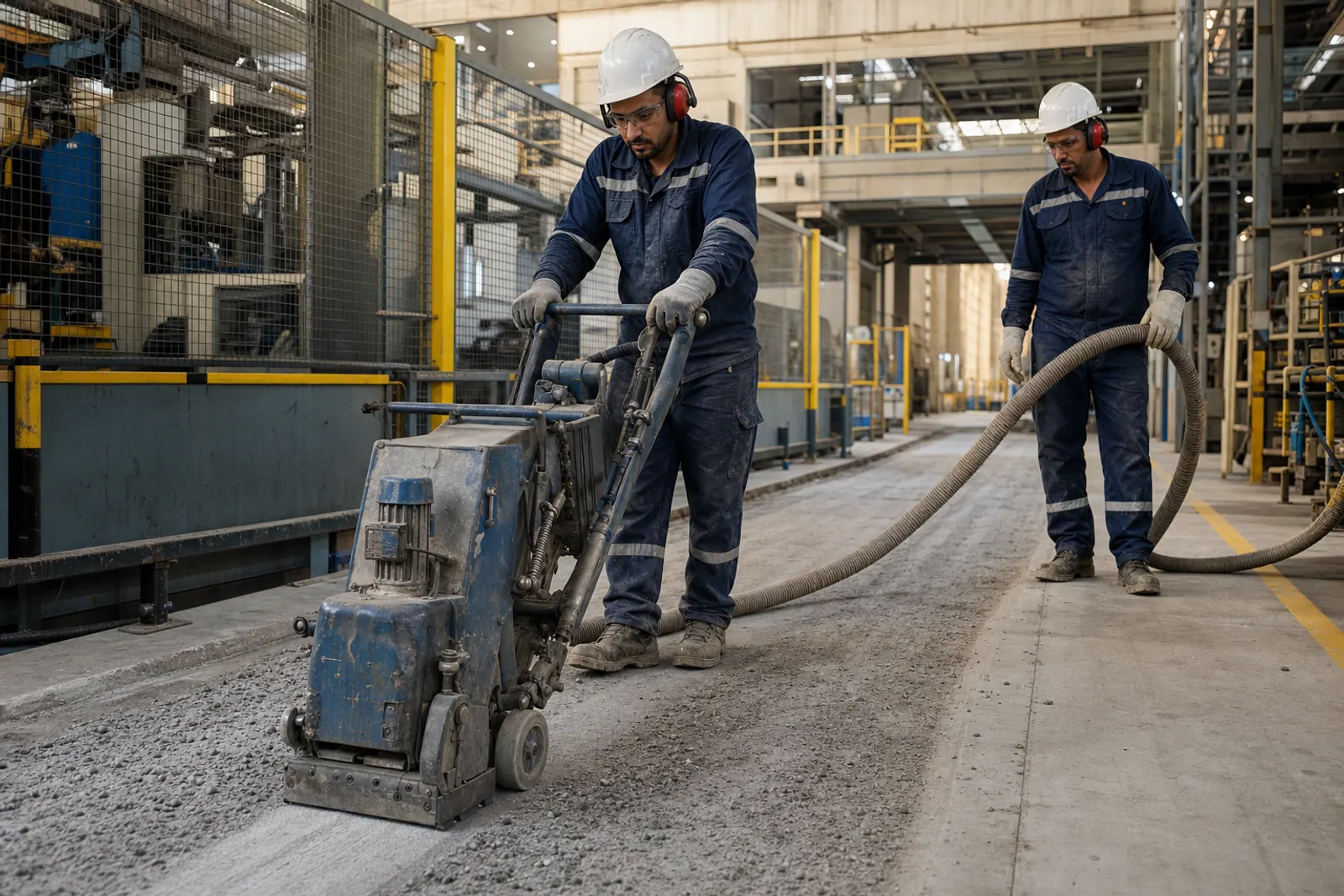 Flooring crew preparing concrete for an industrial coating.