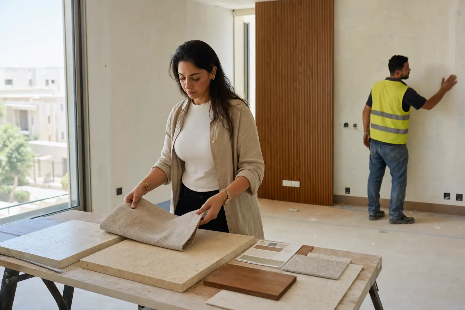 Interior designer coordinating residential finish samples.