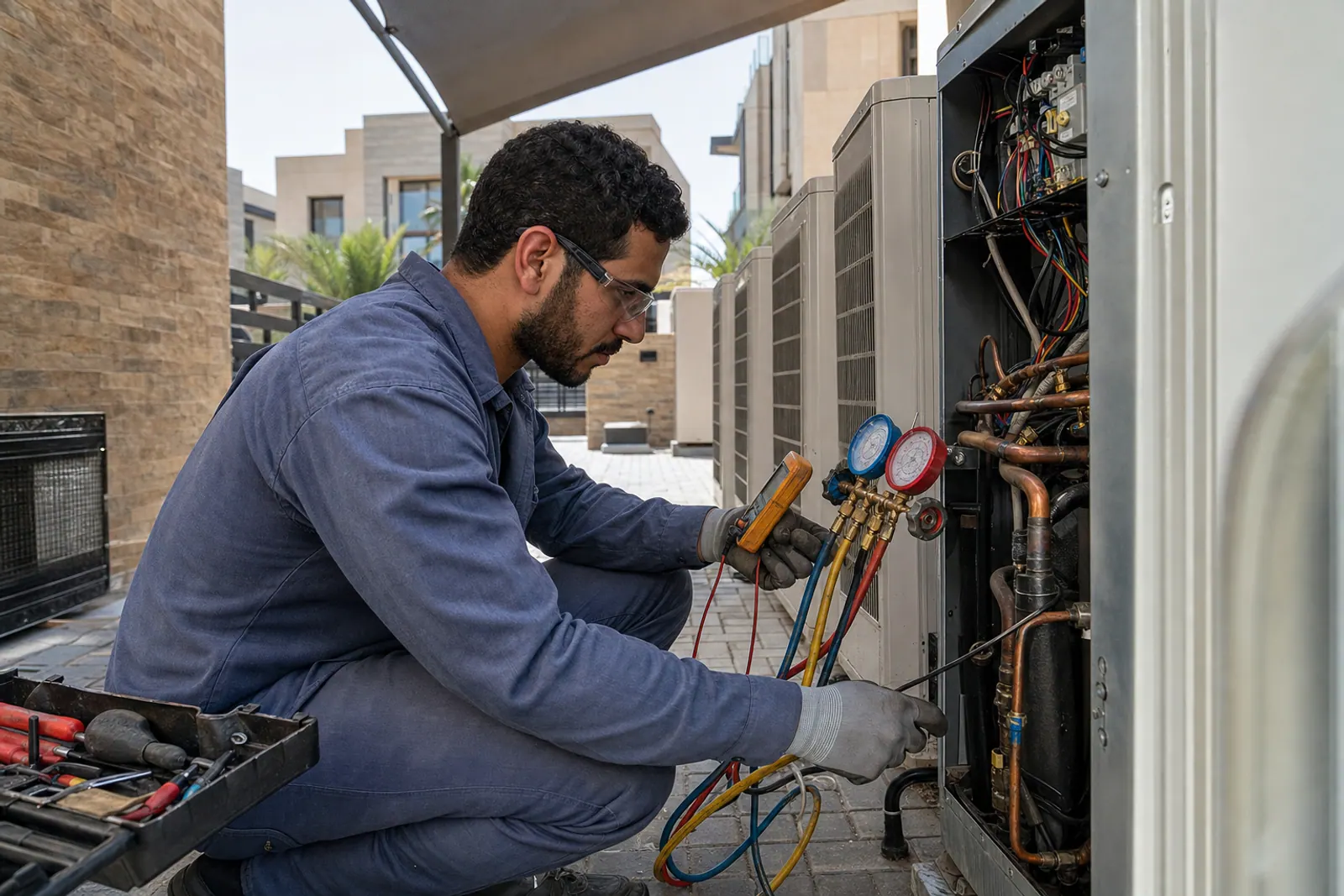 Technician servicing air-conditioning equipment.