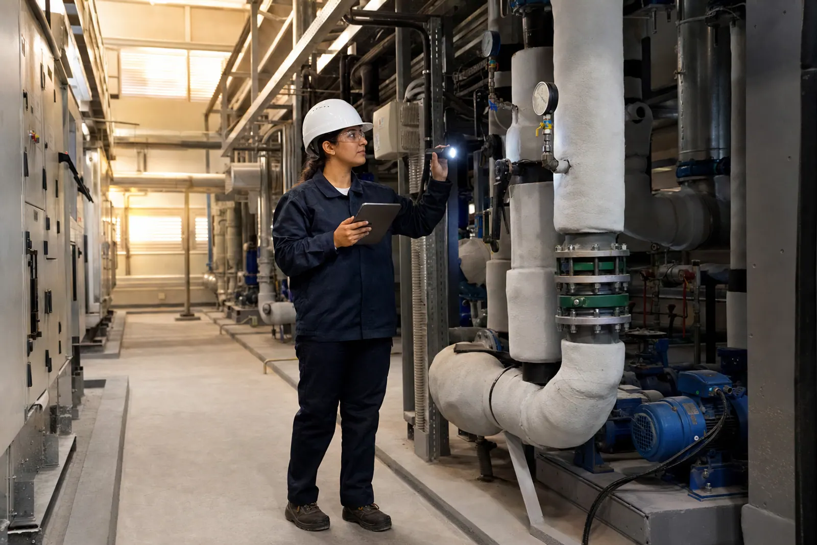 MEP engineer inspecting mechanical services in a plant room.