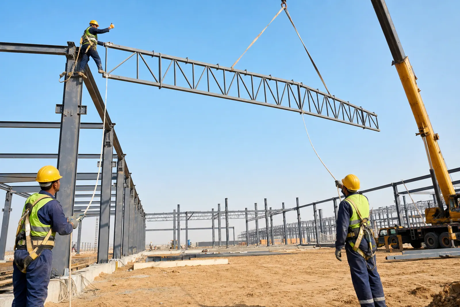 Steel crew positioning a warehouse roof truss.