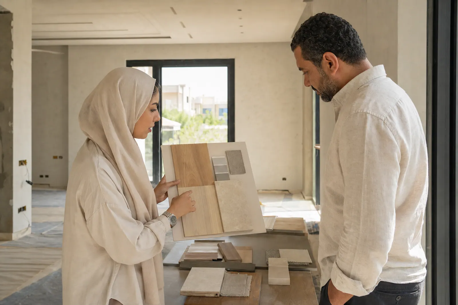 Architect and homeowner reviewing villa finish samples.