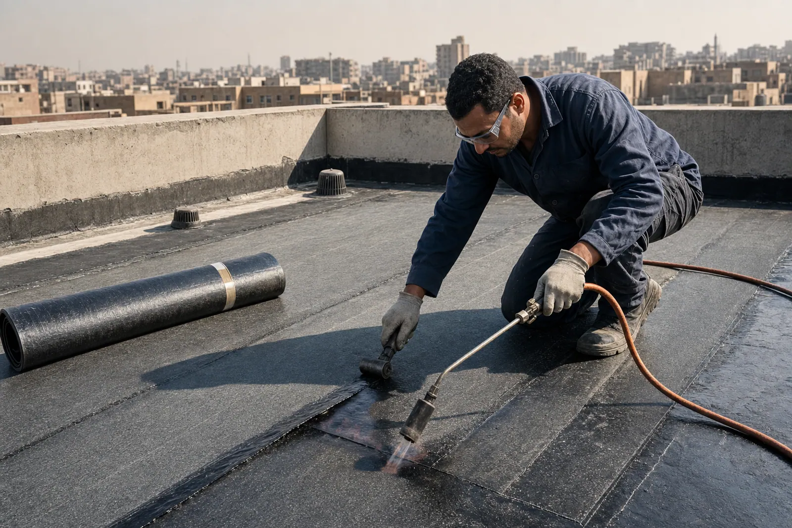 Technician installing waterproofing membrane on a concrete roof.