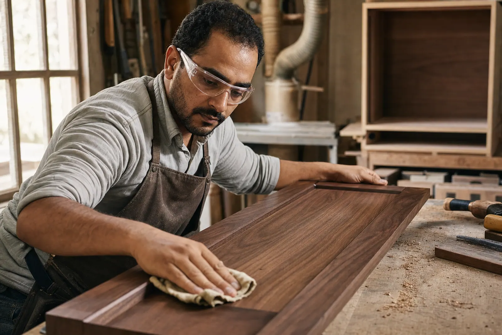 Joiner finishing a custom cabinet in a workshop.